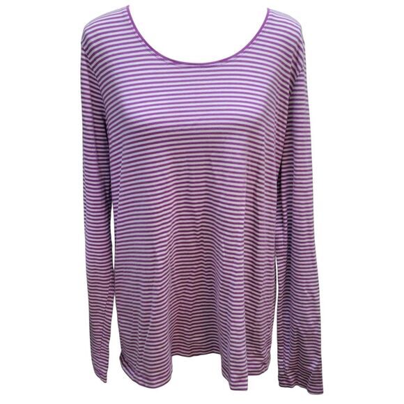 Kim Rogers Sz L Cotton Spandex Striped Purple Scoop Neck Long Sleeve Ribbed Tee - Picture 1 of 7